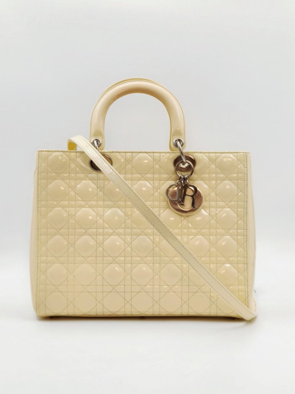 Christian Dior Lady Dior Cannage Ivory Patent Leather Tote Handbag